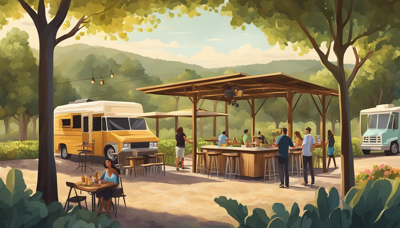 A rustic winery patio with a taco food truck, surrounded by rolling vineyards and oak trees, with guests enjoying wine and tacos in the sunshine