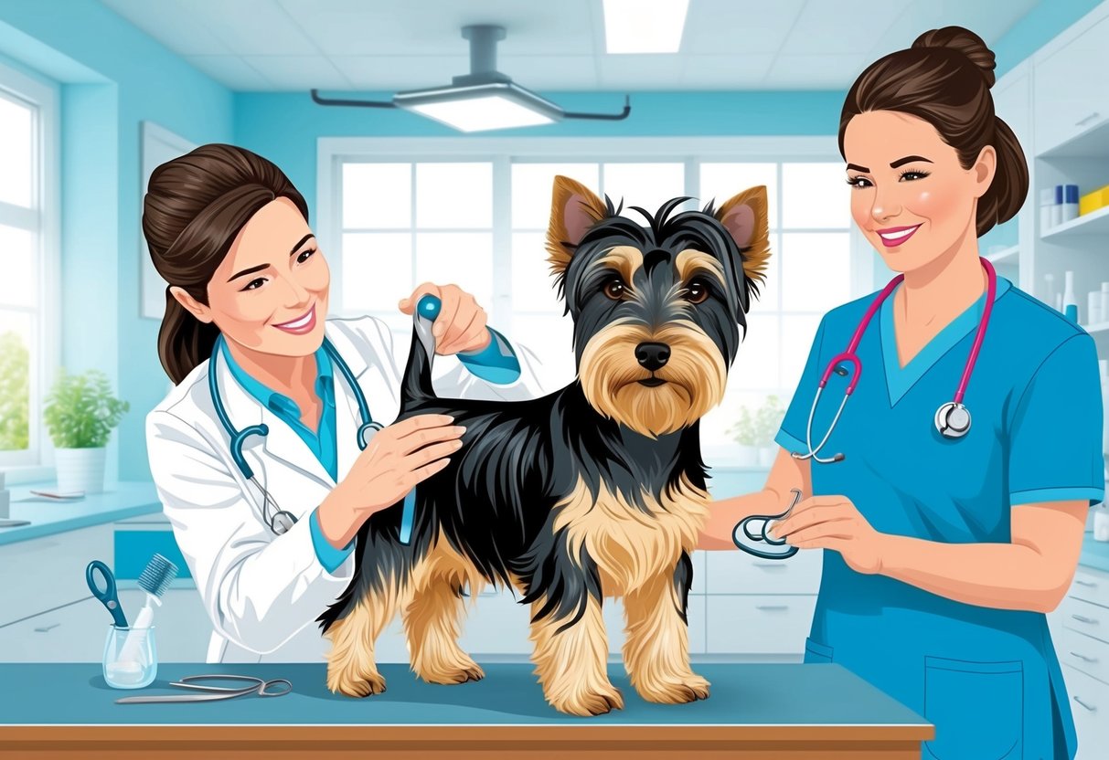 A Skye Terrier dog being groomed and cared for by a veterinarian in a bright and clean clinic