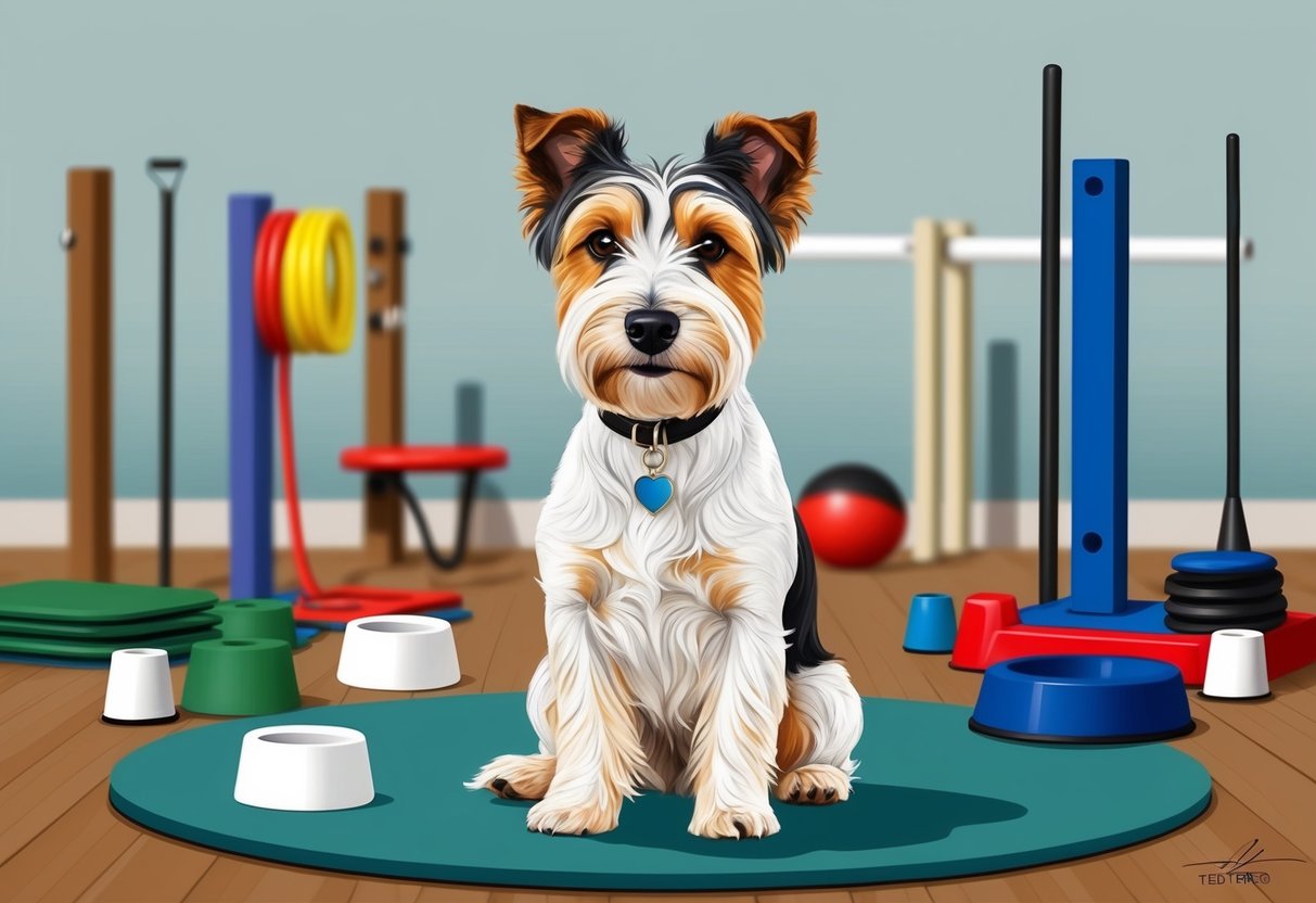 A Skye Terrier dog sits attentively, ears perked, in a training class, surrounded by various obedience equipment