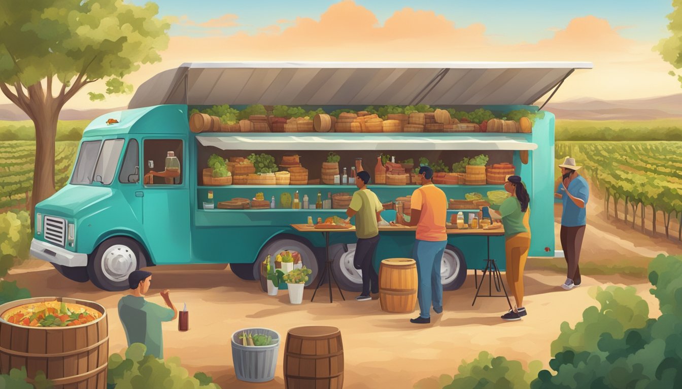 A vineyard landscape with a taco truck serving gourmet tacos to a diverse group of people, with wine barrels in the background