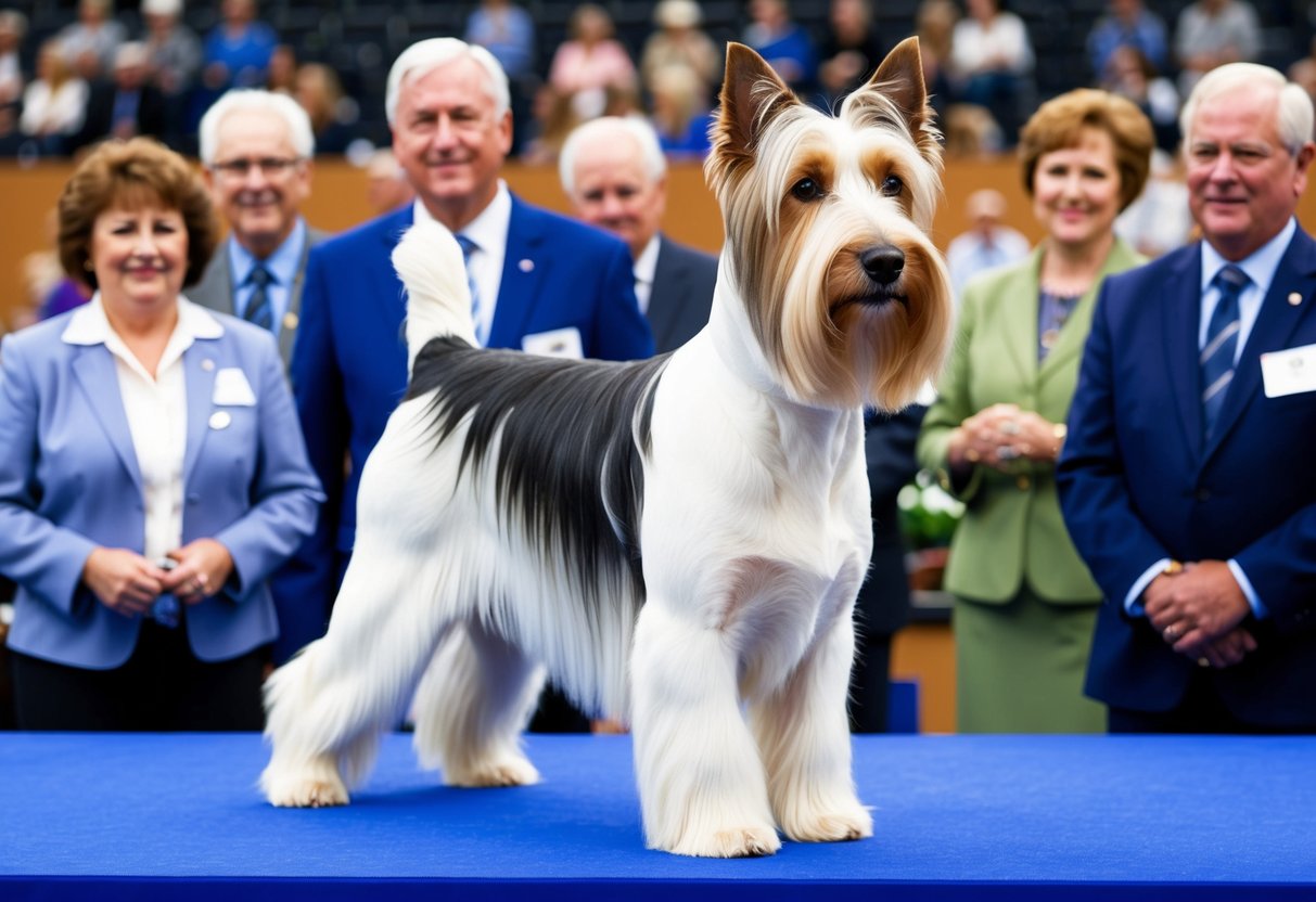 A Skye Terrier stands proudly at a dog show, surrounded by breed enthusiasts and judges. The dog's distinctive long, flowing coat and confident demeanor capture the essence of the breed