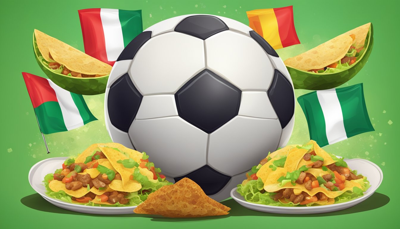 A soccer ball surrounded by tacos, with the Mexican flag in the background