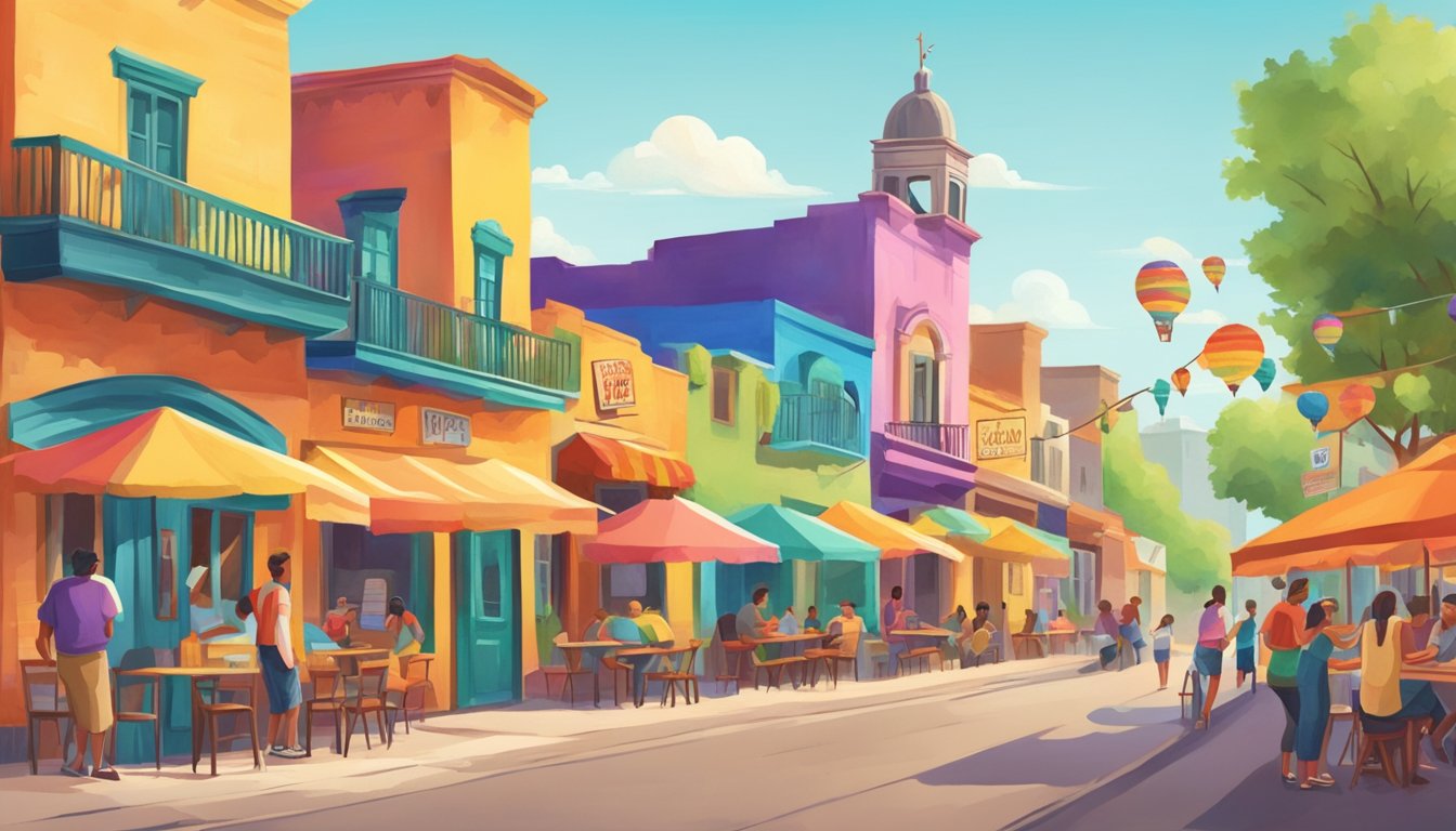 Colorful street with vibrant taco stands, surrounded by quaint small town buildings. A crowd of locals and tourists alike enjoy the best tacos in Texas