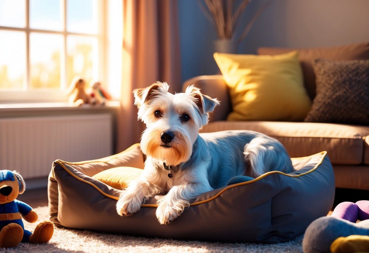 A Skye Terrier dog lounges in a cozy living room, surrounded by plush toys and a comfortable bed. Sunlight streams through the window, casting a warm glow over the scene