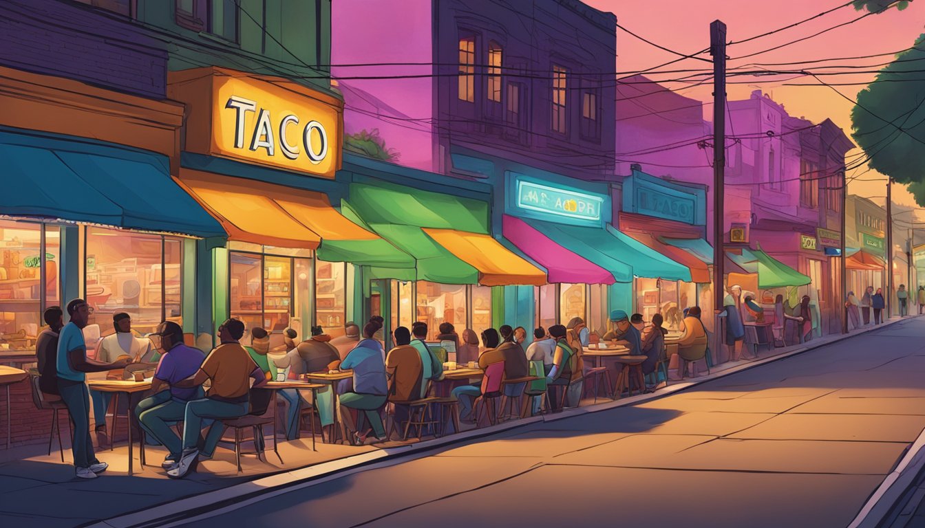 A bustling street lined with colorful taco joints, each with its own unique flair, under the glow of a spotlight