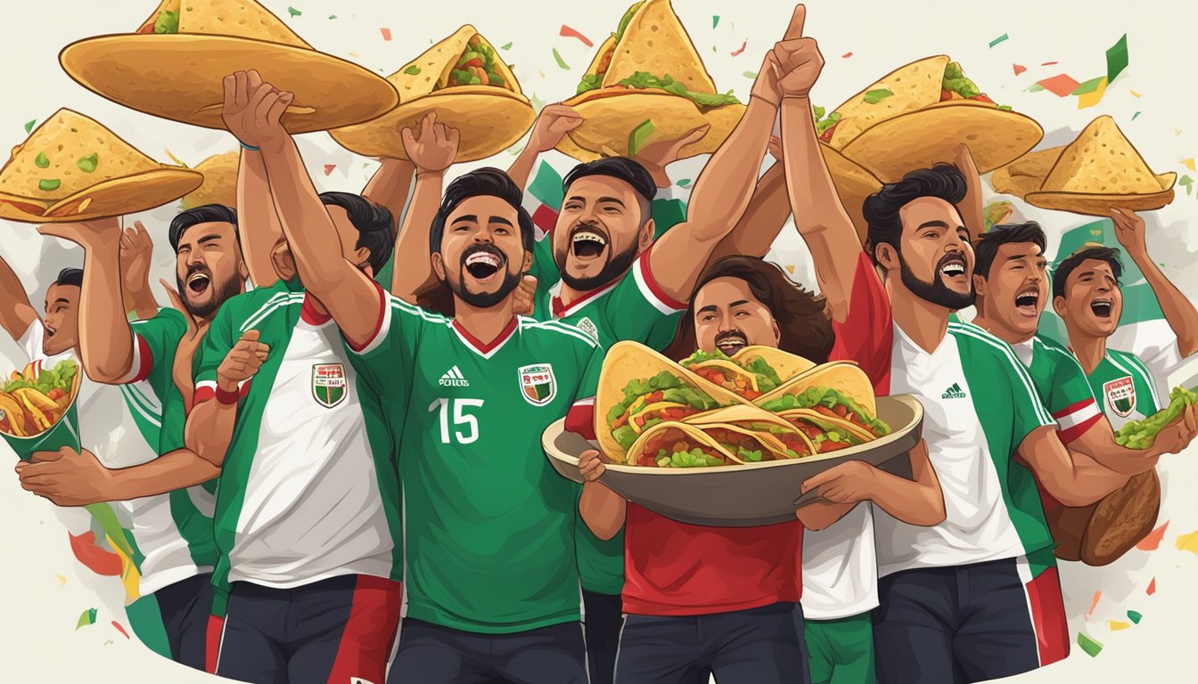 Mexican soccer fans cheering with tacos in hand