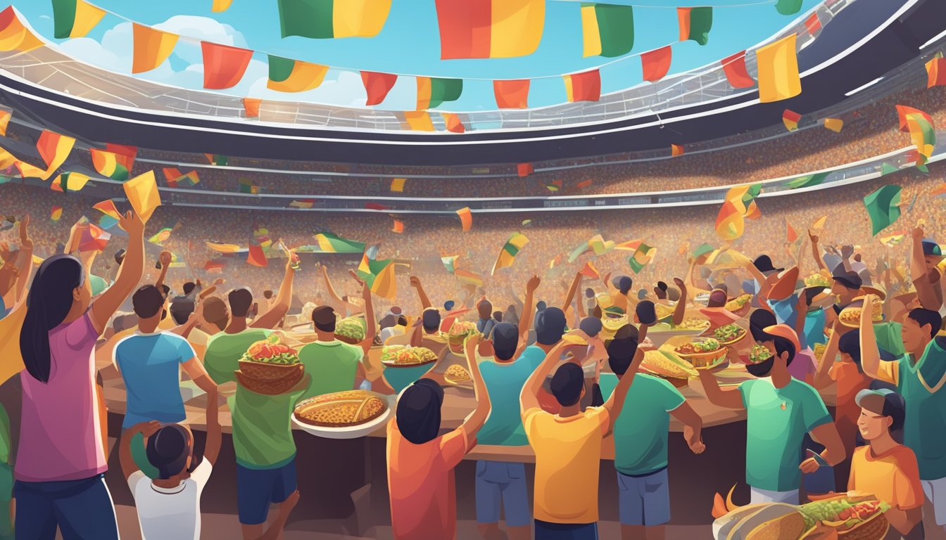 A crowded soccer stadium with fans cheering, waving flags, and enjoying tacos from vendors