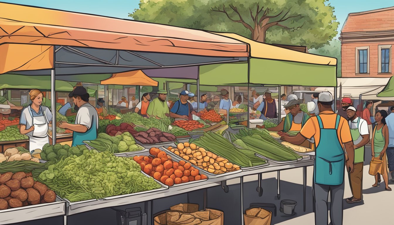 A bustling farmer's market with vendors selling fresh produce and local meats, while a chef carefully selects the best ingredients for making authentic Texas tacos