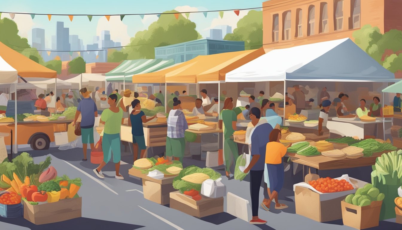 A bustling farmers market with vendors selling organic produce and homemade tortillas, surrounded by food trucks serving up a variety of organic tacos