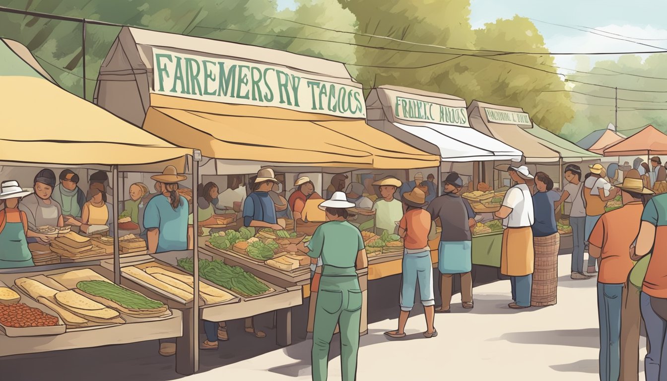 A bustling farmers market with vendors selling fresh organic produce and handmade tortillas, while customers line up for gourmet organic tacos