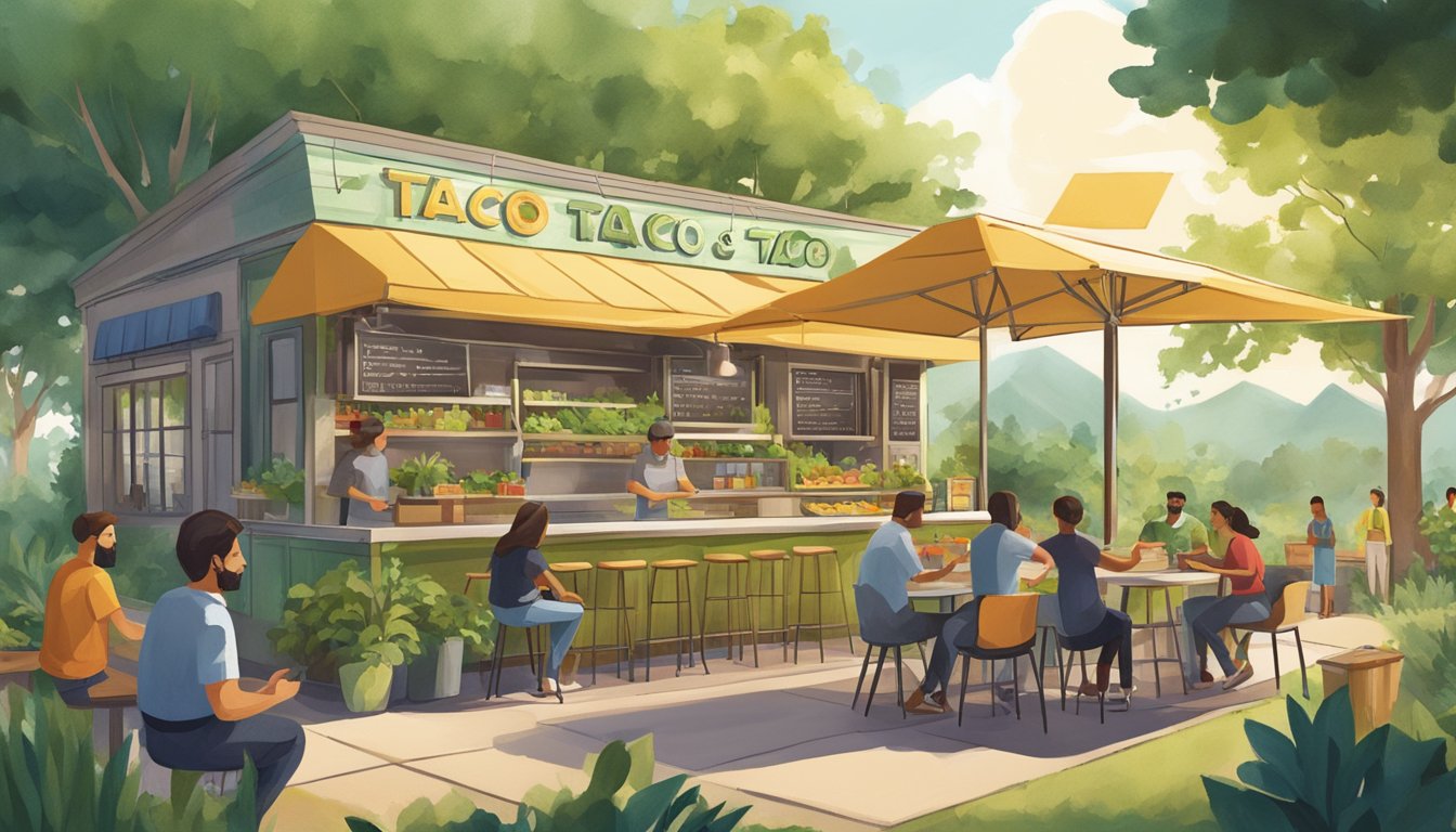 A bustling small town taco stand with a line of customers, surrounded by lush greenery and solar panels, showcasing sustainability and community impact