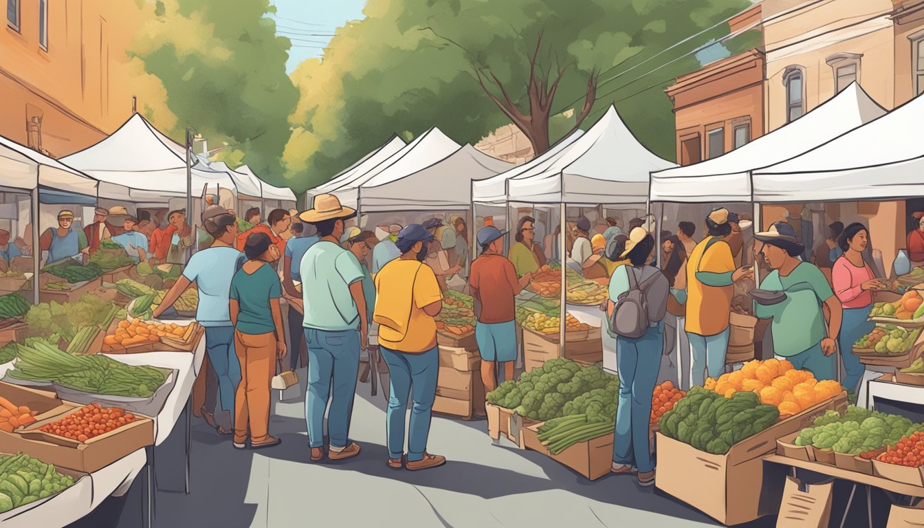 A bustling farmers market with colorful organic taco vendors surrounded by curious onlookers and passionate advocates engaging in lively debates