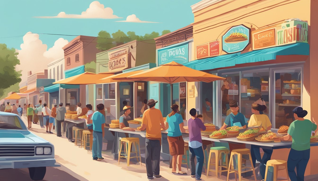 A bustling street lined with colorful taco stands, locals chatting and enjoying delicious tacos in a small Texas town