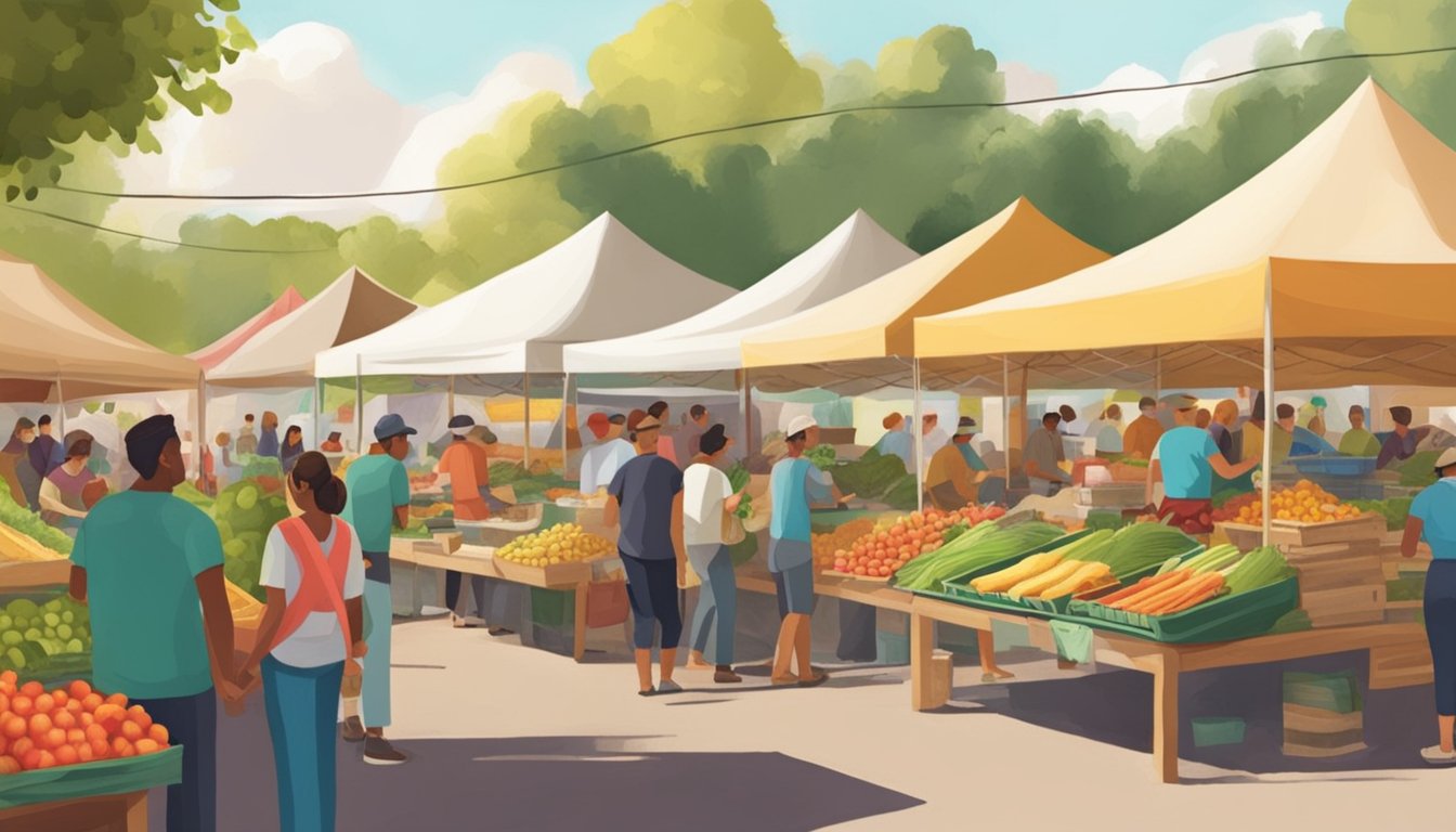 A bustling farmers market with colorful tents and vendors selling organic produce and locally sourced ingredients for making tacos