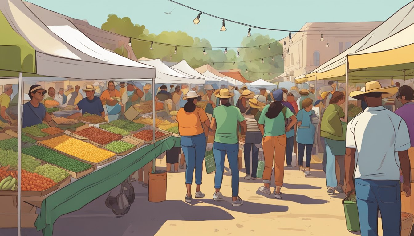 A bustling farmers market with colorful stalls selling organic ingredients for tacos. A diverse crowd gathers, eager to taste and learn about the future of California's organic taco movement