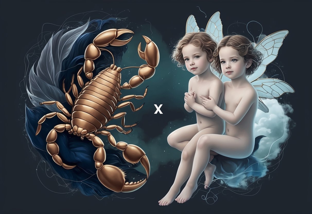 A scorpion and a pair of twins, one calm and the other restless, surrounded by a mix of dark and airy elements, representing the complex compatibility of Scorpio and Gemini