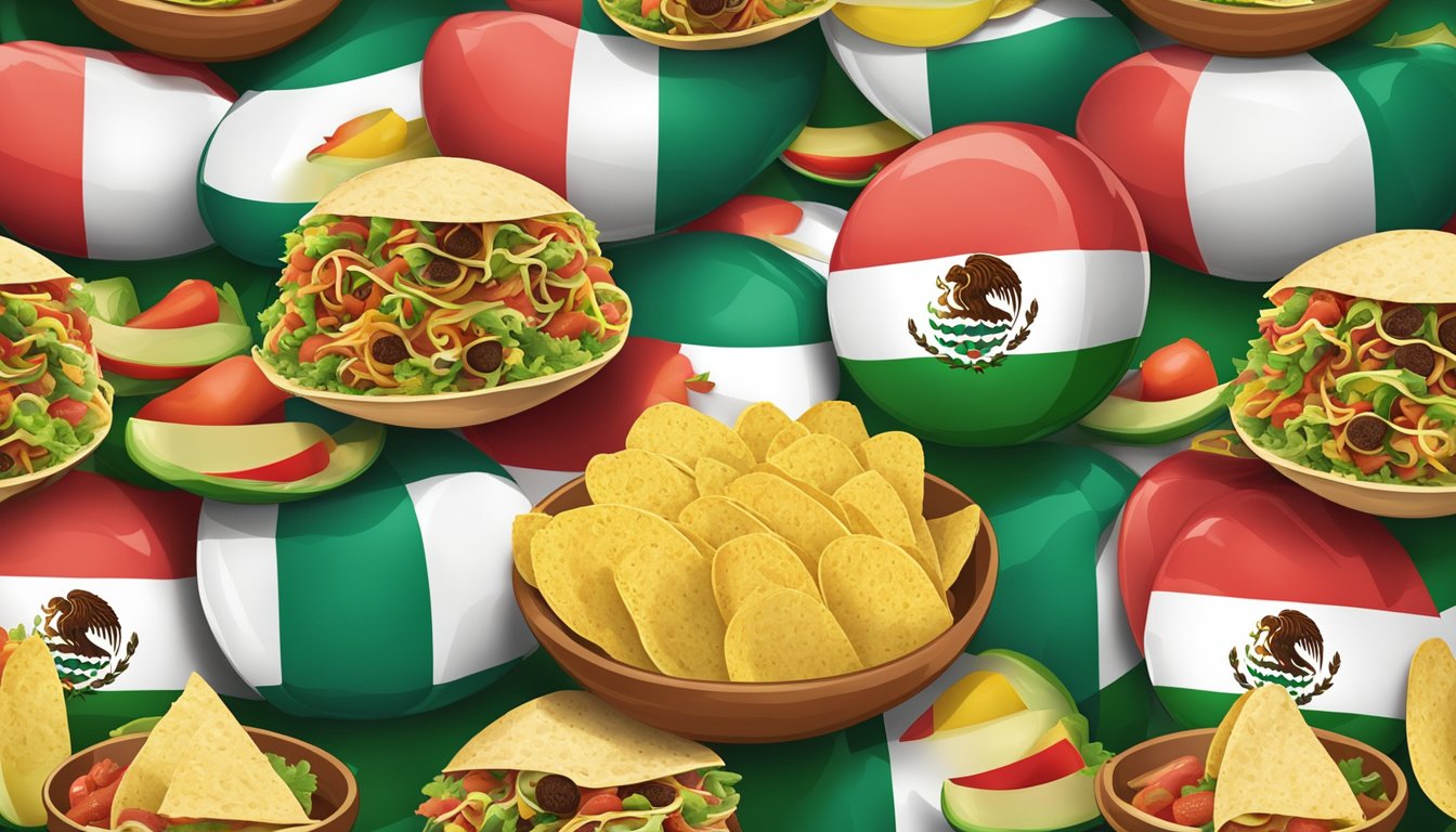 A soccer ball surrounded by tacos, with the Mexican flag in the background