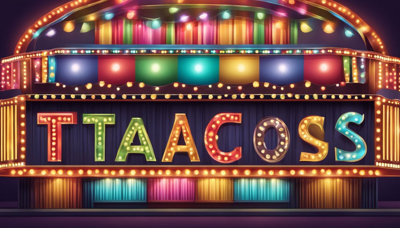 A festive movie theater marquee with colorful tacos and film reels