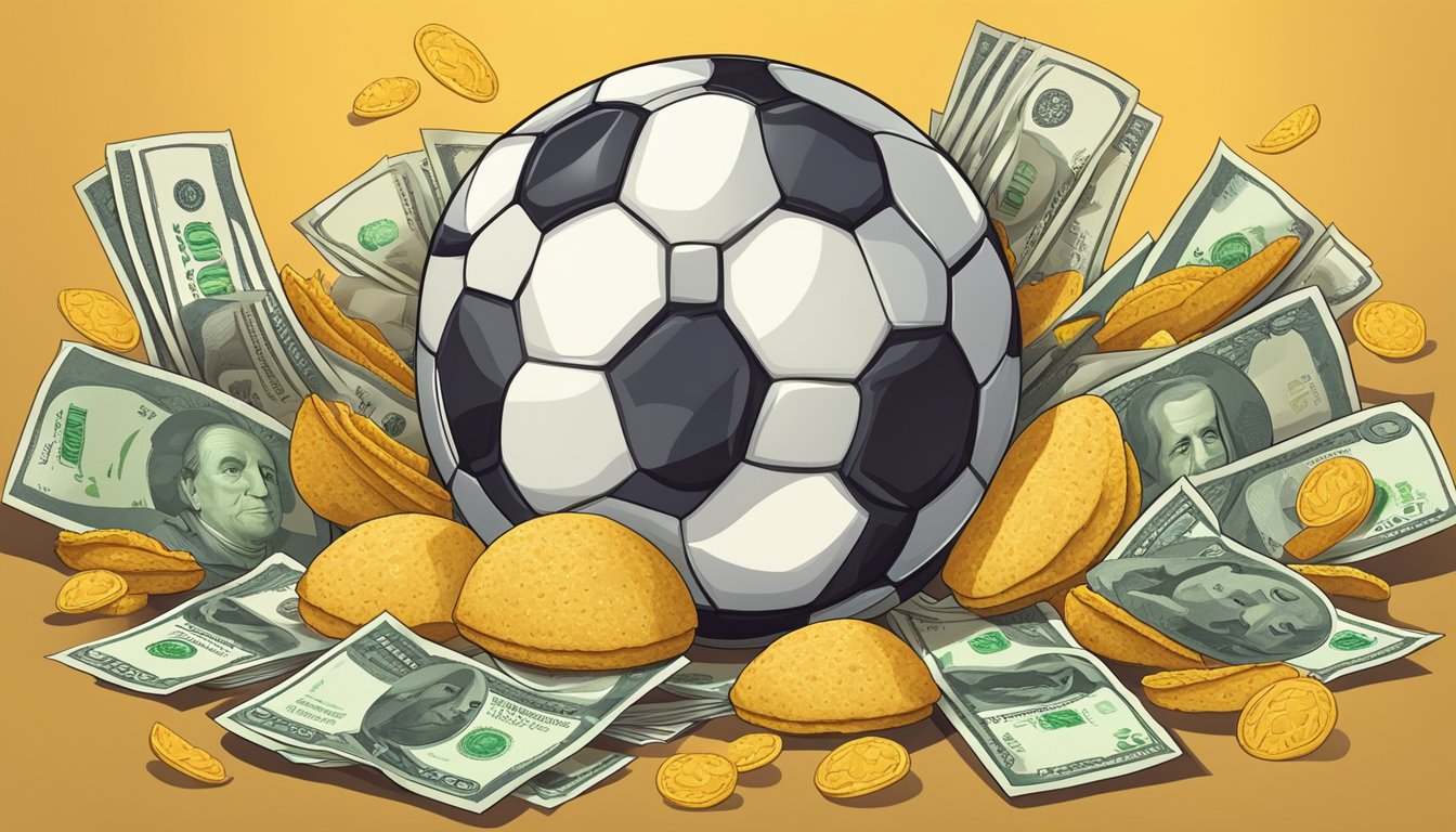 A soccer ball surrounded by tacos, with money signs and economic symbols in the background