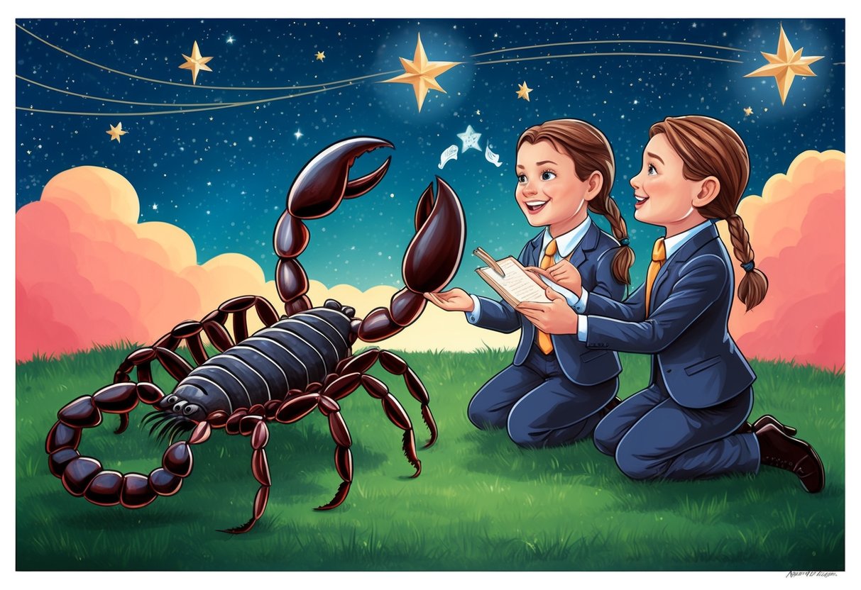 A scorpion and a pair of twins exchanging ideas under a starry sky