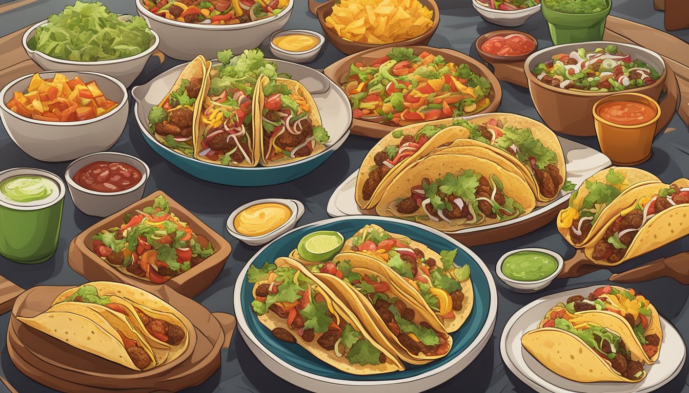 A colorful array of regional taco varieties spread out on a table at a bustling soccer venue, with fans in the background cheering and enjoying the delicious Mexican cuisine