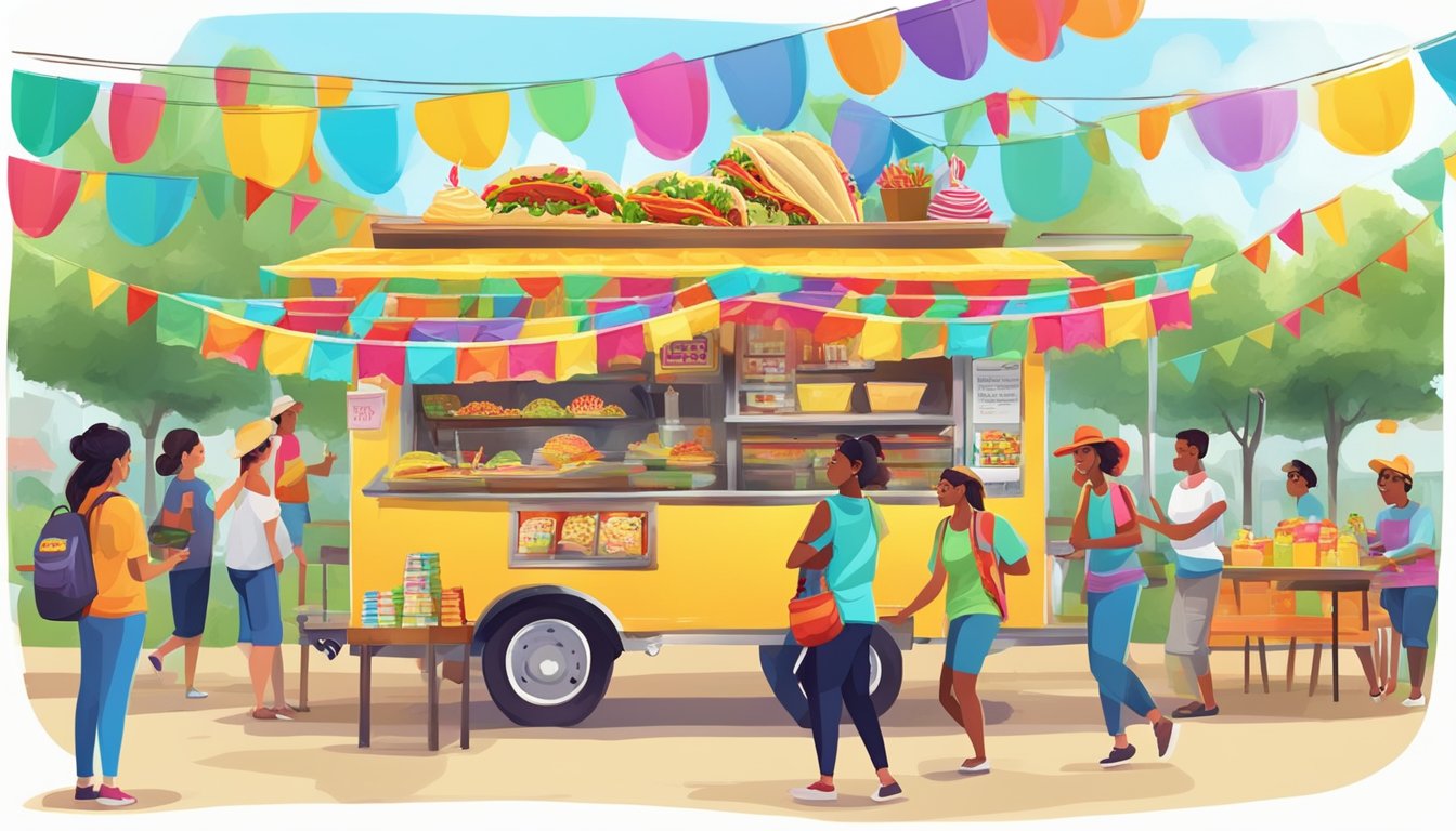 A colorful food cart surrounded by excited park visitors, serving a variety of innovative and traditional tacos, with vibrant signage and festive decorations