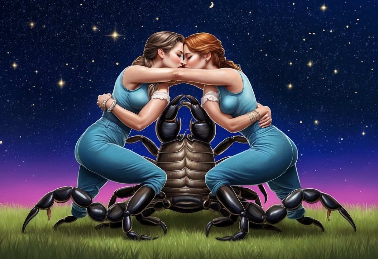 A scorpion and a pair of twins locked in a passionate embrace under the starry night sky