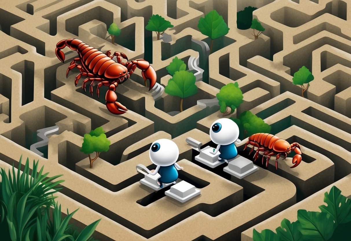 A scorpion and a pair of twins navigate a complex maze, overcoming obstacles and finding new paths for growth