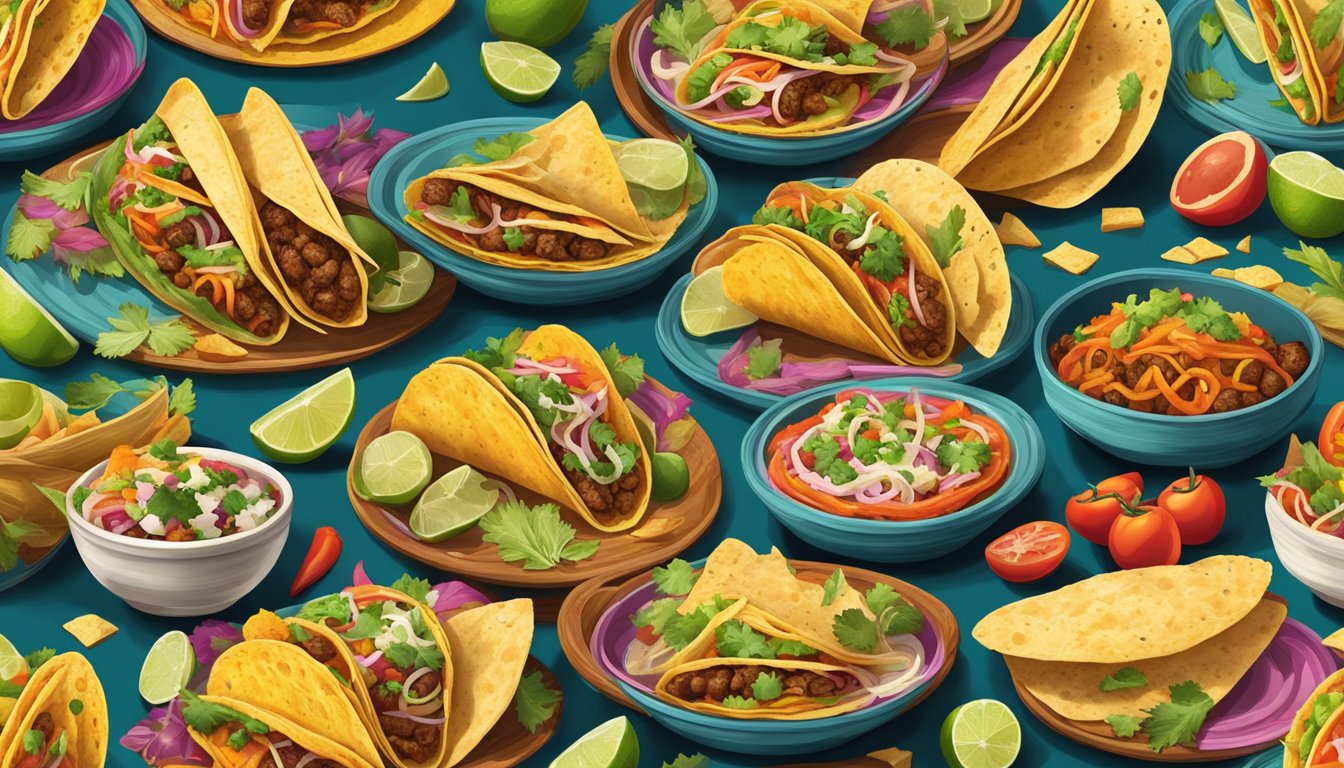 A colorful array of tacos arranged in a film reel shape, with vibrant ingredients symbolizing different elements of Mexican culture and storytelling