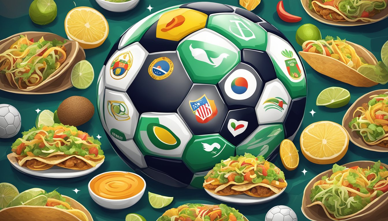 A soccer ball surrounded by tacos, with social media icons in the background