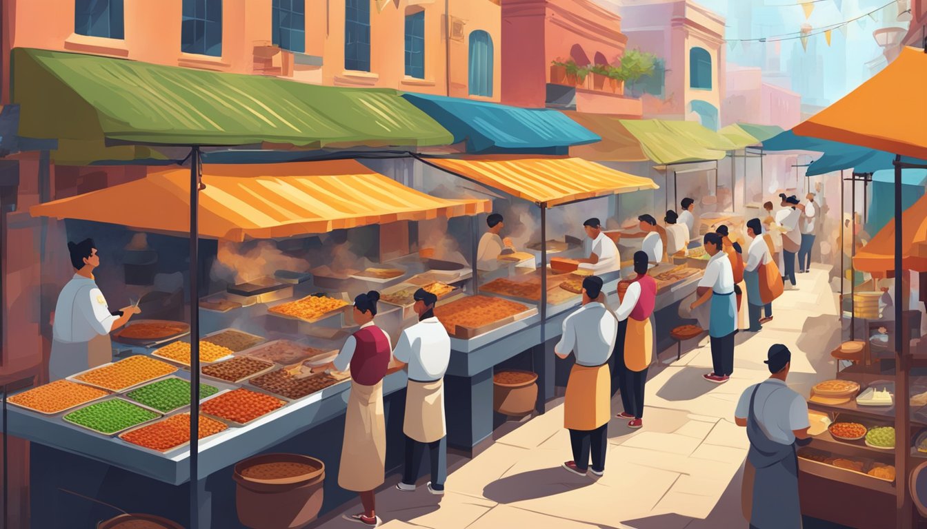 A bustling street food market with colorful taco stands and chefs cooking up traditional Mexican dishes. The aroma of spices and sizzling meat fills the air