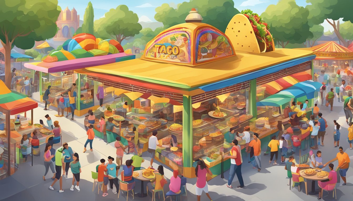 A bustling theme park with colorful taco stands and excited visitors enjoying a variety of taco creations