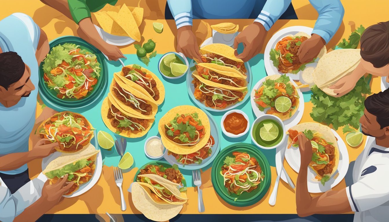 A group of soccer players enjoying a meal of traditional Mexican tacos, with a variety of colorful and fresh ingredients spread out on a table