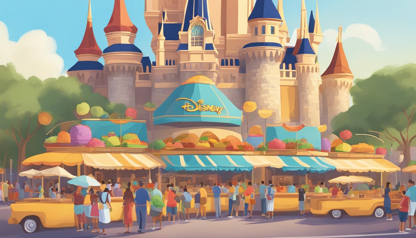 Colorful taco stands in front of iconic Walt Disney World Resorts castle. Guests line up for tasty treats in the lively theme park