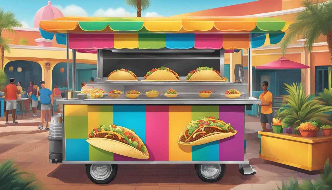 A colorful array of tacos displayed on a vibrant food cart at Universal Orlando Resort's theme park