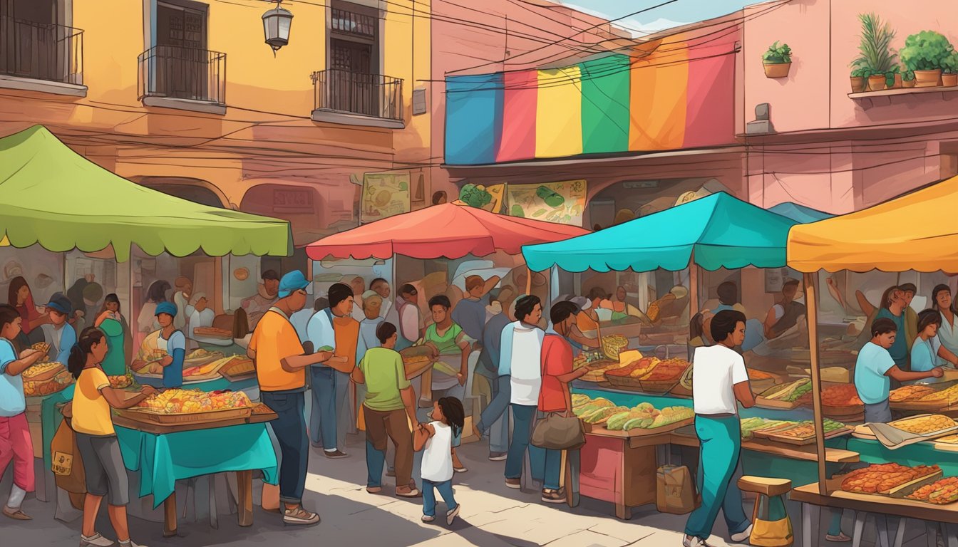 A bustling street market in Mexico, with colorful taco stands and lively music, surrounded by murals depicting the cultural significance of tacos