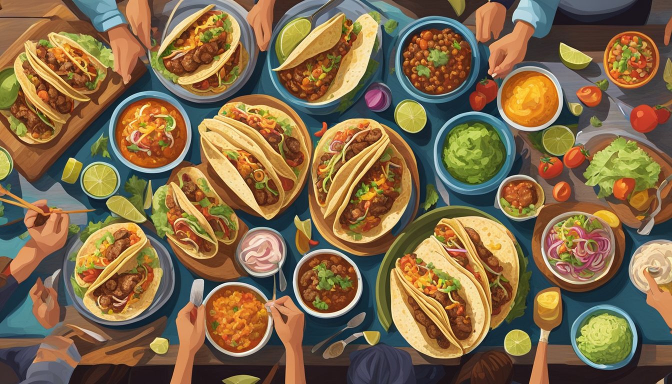 A group of Mexican artists gathered around a table piled high with colorful and flavorful tacos, their brushes and palettes set aside as they enjoy their favorite traditional dish