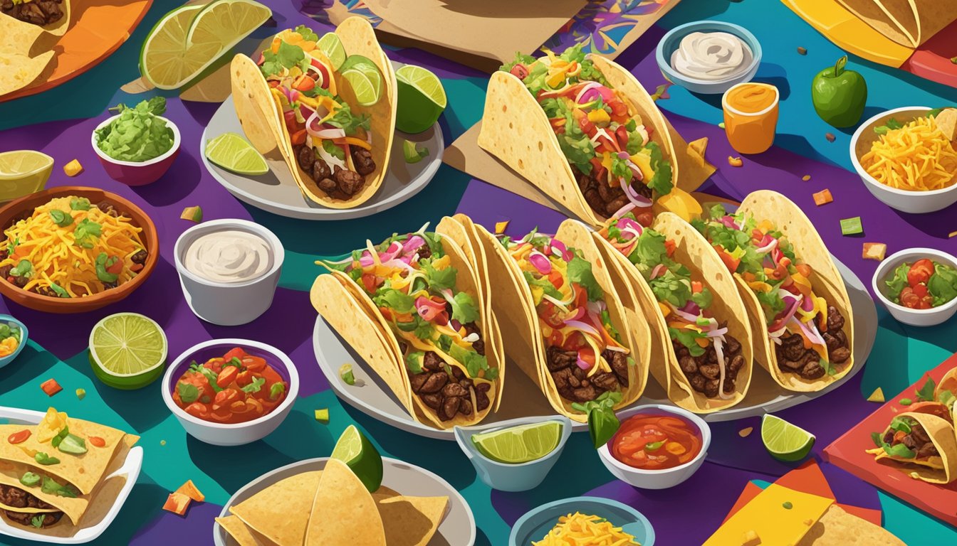 A colorful array of tacos arranged on a vibrant table, surrounded by movie posters and film reels, representing the influence of tacos in Mexican movie culture