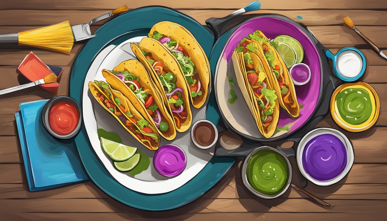 A colorful array of tacos arranged on a rustic artist's palette, surrounded by paintbrushes, tubes of paint, and sketchbooks