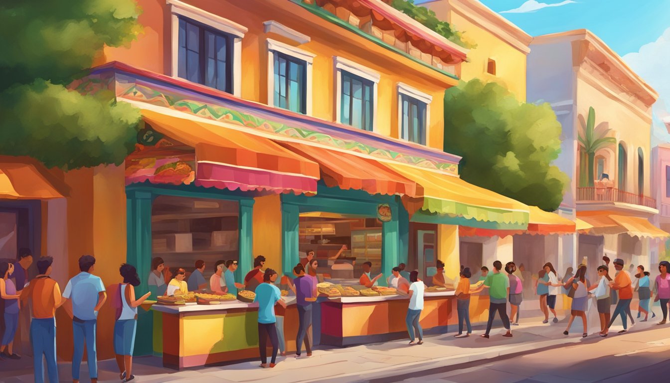 A colorful street scene with a bustling taco stand, surrounded by vibrant Mexican architecture and people enjoying tacos in a festive atmosphere