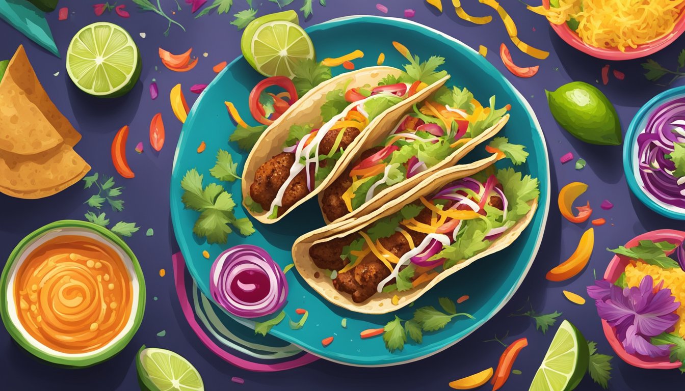 Vibrant tacos arranged on a colorful plate with artistic garnishes and a drizzle of sauce