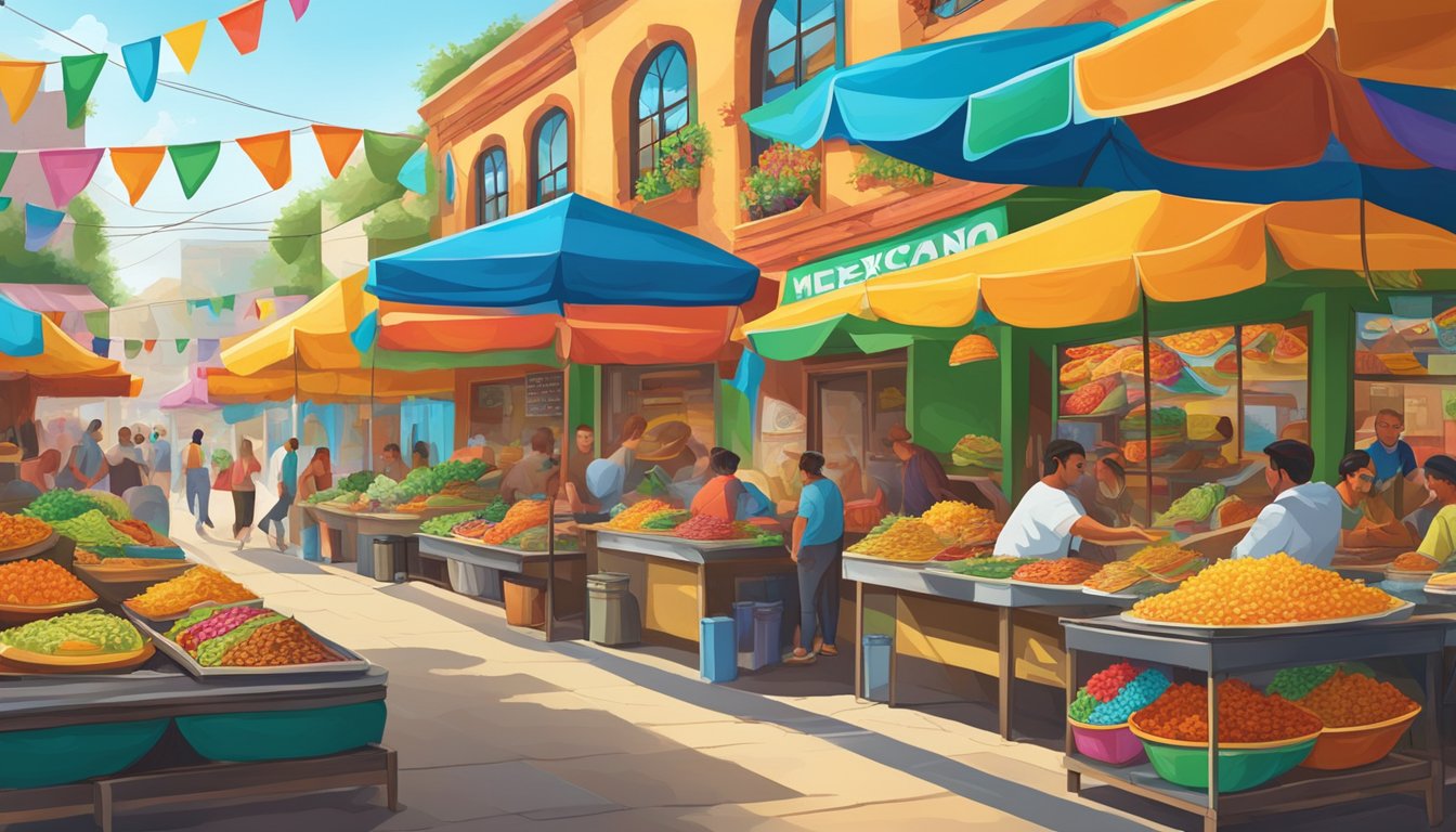 A vibrant mural of colorful tacos adorning the walls of a bustling Mexican street market