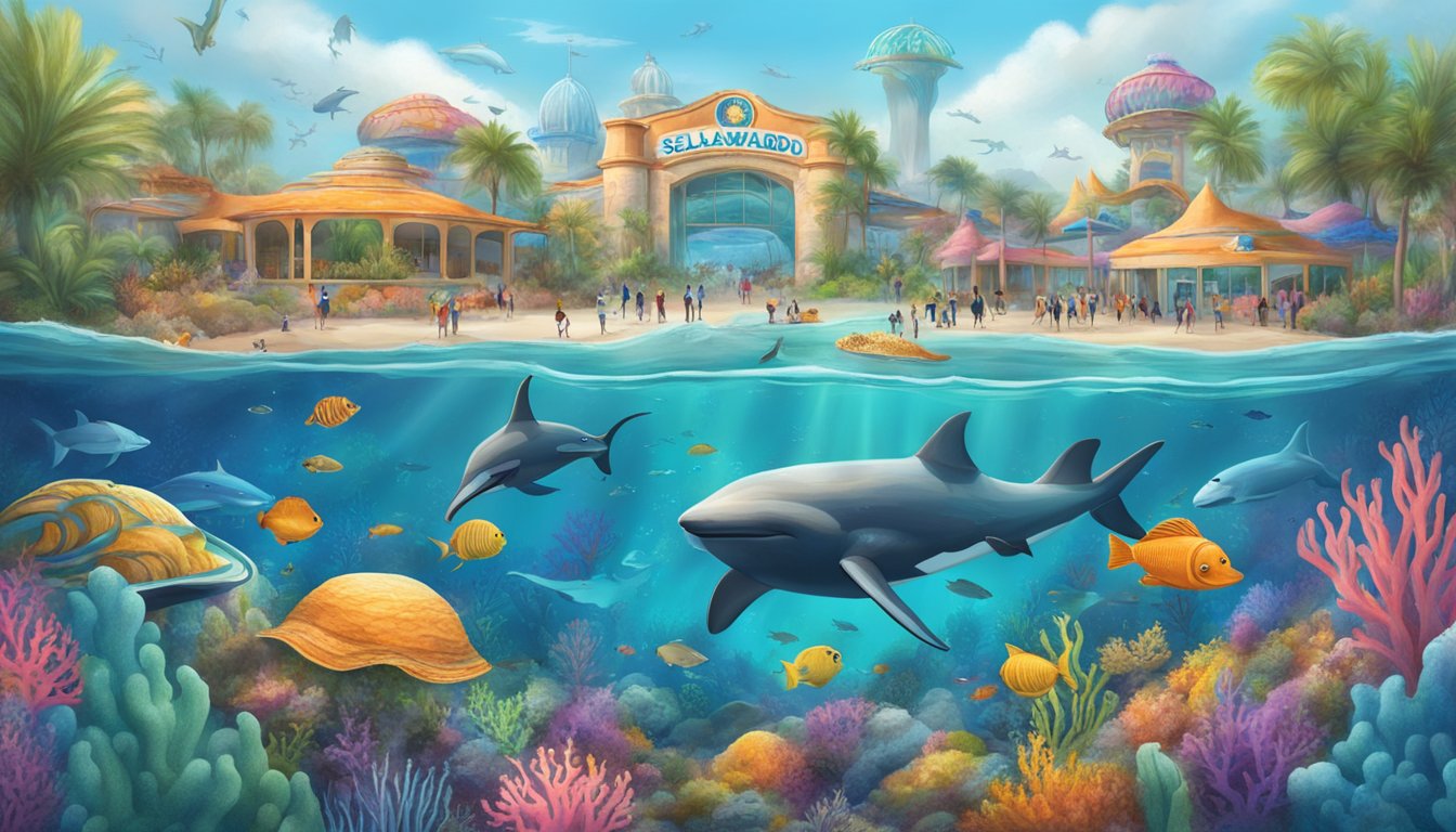 Colorful underwater scene with taco-shaped coral and sea creatures swimming around SeaWorld's Orlandos theme park