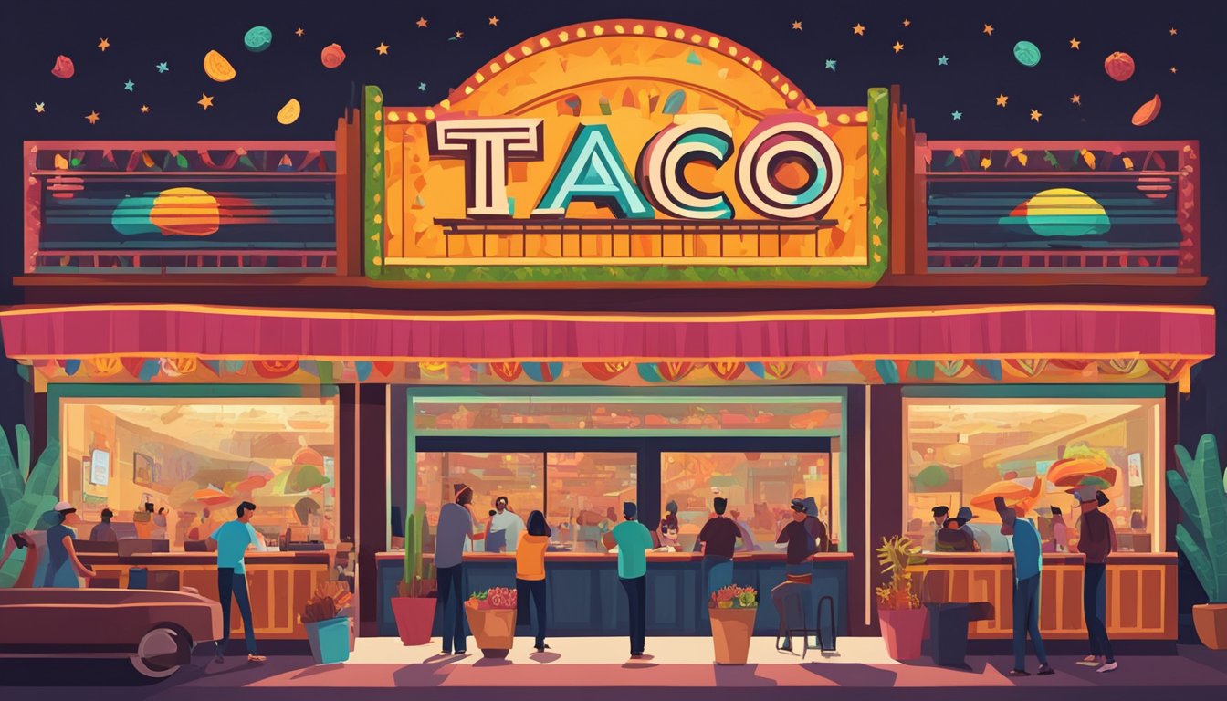 A bustling Mexican cinema with a marquee featuring tacos, while moviegoers enjoy tacos in the lobby and posters of iconic taco-themed films adorn the walls