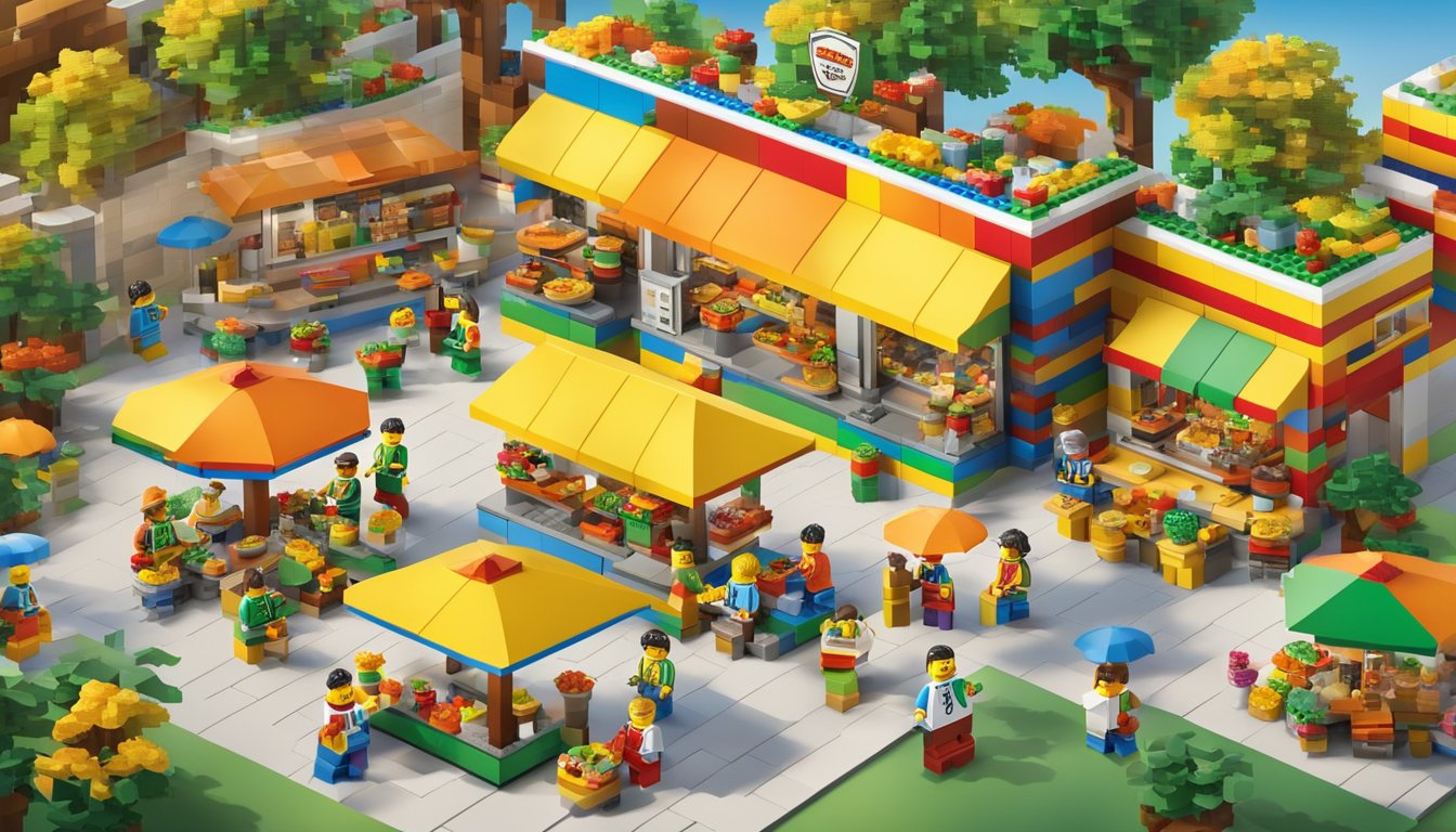 Colorful LEGO brick taco stand with smiling minifigures serving tacos to happy families in LEGOLAND Florida Resort's vibrant and bustling theme park