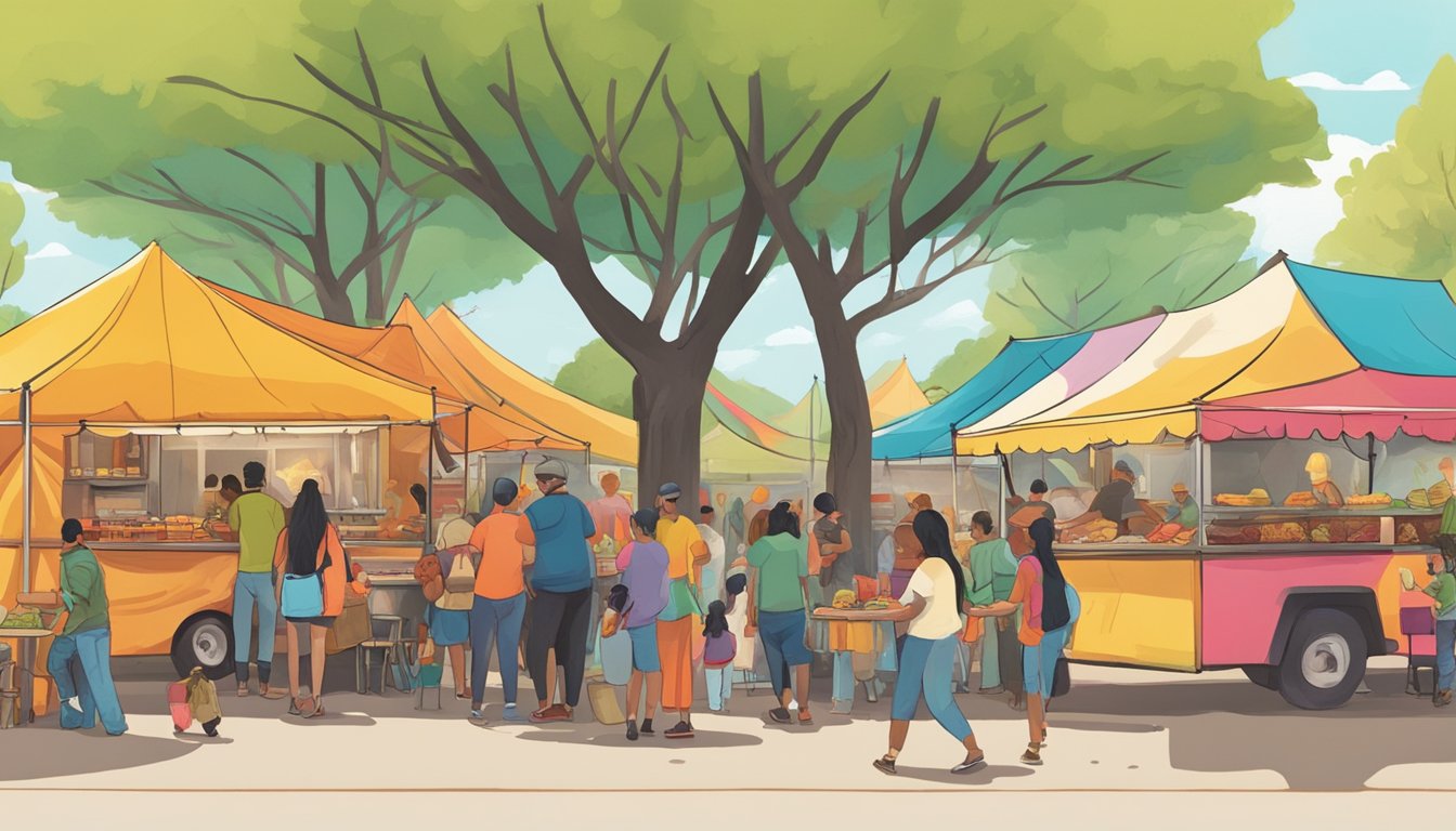 Colorful tents and food trucks line the park, with people sampling various taco creations. The air is filled with the aroma of sizzling meats and spices