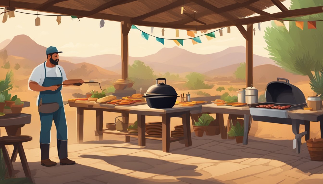 A rustic Mexican ranch scene with a traditional open-air kitchen, where a chef is grilling meat and preparing fresh tortillas for tacos