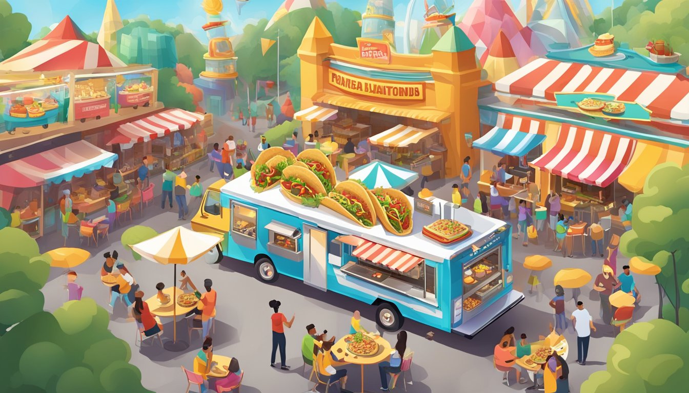 A bustling food truck surrounded by colorful theme park attractions, serving up celebrity chef-inspired taco creations to a crowd of hungry visitors