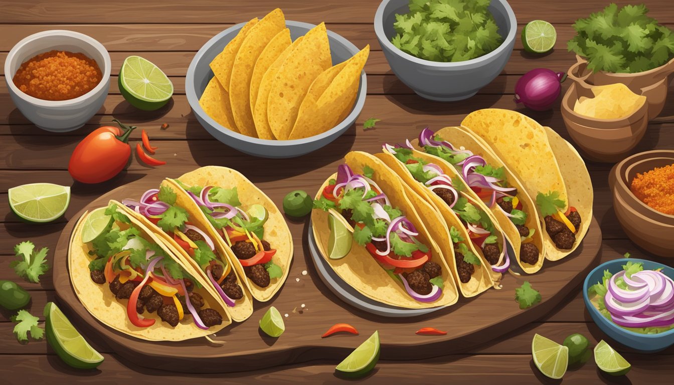 A rustic ranch setting with a colorful array of tacos on a wooden table, surrounded by traditional Mexican ingredients and spices