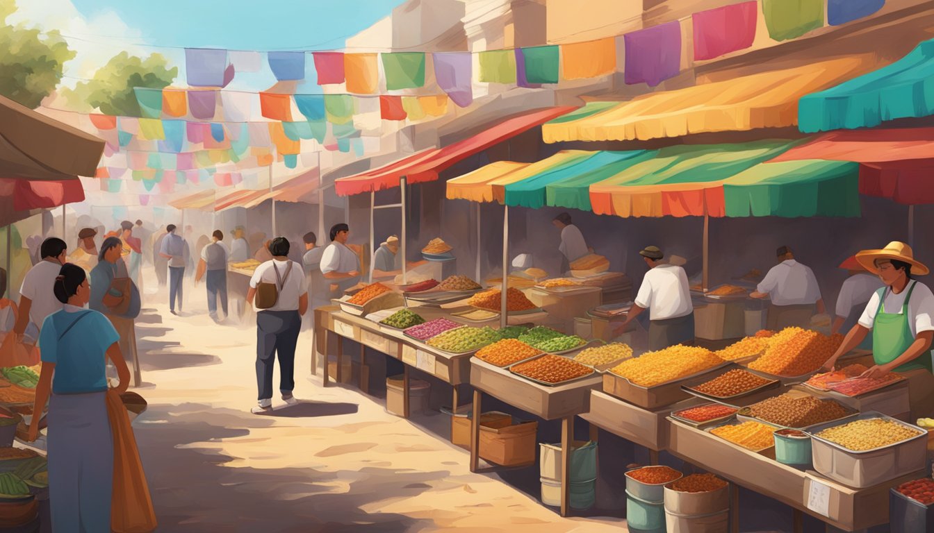 A bustling street market filled with colorful stalls selling a variety of tacos from the Mexican border region. Aromas of sizzling meats and spices fill the air